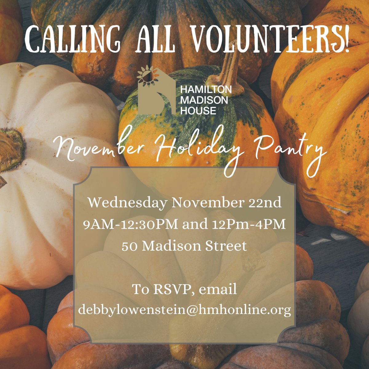 Calling all volunteers! We need sign-ups for the November Holiday Pantry on Wednesday, November 22nd. This event provides over 200 families with essential holiday meals. Breakfast and lunch will be provided to volunteers as well. To RSVP, email debbylowenstein@hmhonline.org! ❤️