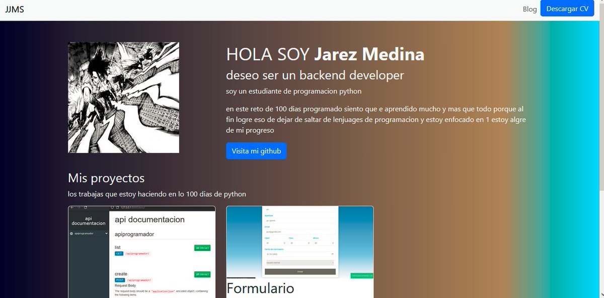 Jarez_Dev's tweet image. #100DaysOfCodepython #100DiasDeCodigo #pythoncode
El día 62 aprendiendo python termine el pequeño portafolio y me di cuenta de algo no me gusta CSS enserio me tardo mucho haciendo esos pequeños estilos de ahí le agregue un pequeño blog para la documentación planeo mejorarlo 🥳🥳