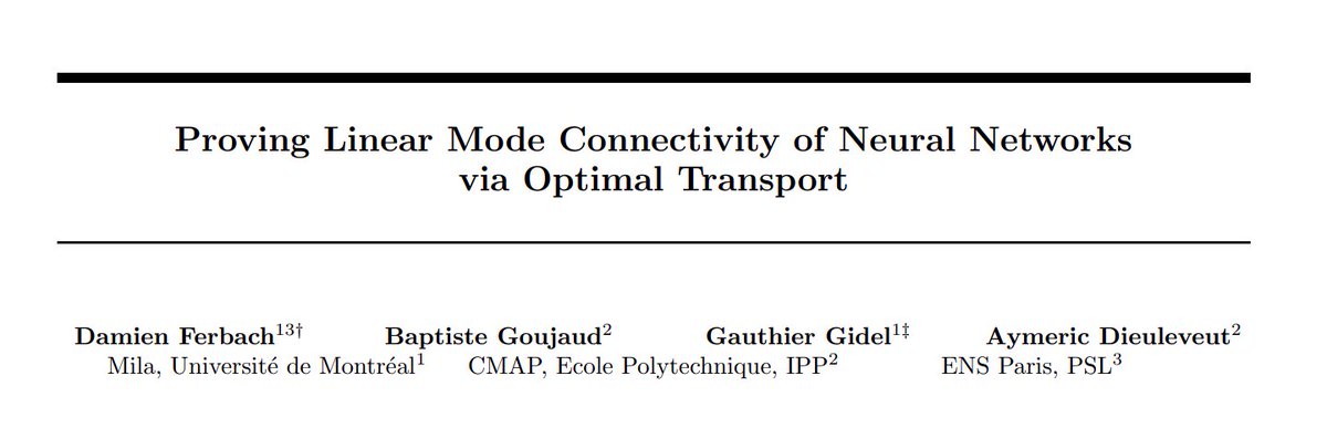 Damien Ferbach (@damien_ferbach) on Twitter photo Recent work by <a href="/SamuelAinsworth/">Samuel "curry-howard fanboi" Ainsworth</a> empirically evidences low loss linear paths between networks modulo permutations.
In our work with amazing collaborators <a href="/baptistegoujaud/">Goujaud Baptiste</a> , <a href="/gauthier_gidel/">Gauthier Gidel</a> , @AymericD4 , we give theoretical insights on this phenomenon!
arxiv.org/pdf/2310.19103… Recent work by <a href="/SamuelAinsworth/">Samuel "curry-howard fanboi" Ainsworth</a> empirically evidences low loss linear paths between networks modulo permutations.
In our work with amazing collaborators <a href="/baptistegoujaud/">Goujaud Baptiste</a> , <a href="/gauthier_gidel/">Gauthier Gidel</a> , @AymericD4 , we give theoretical insights on this phenomenon!
arxiv.org/pdf/2310.19103…