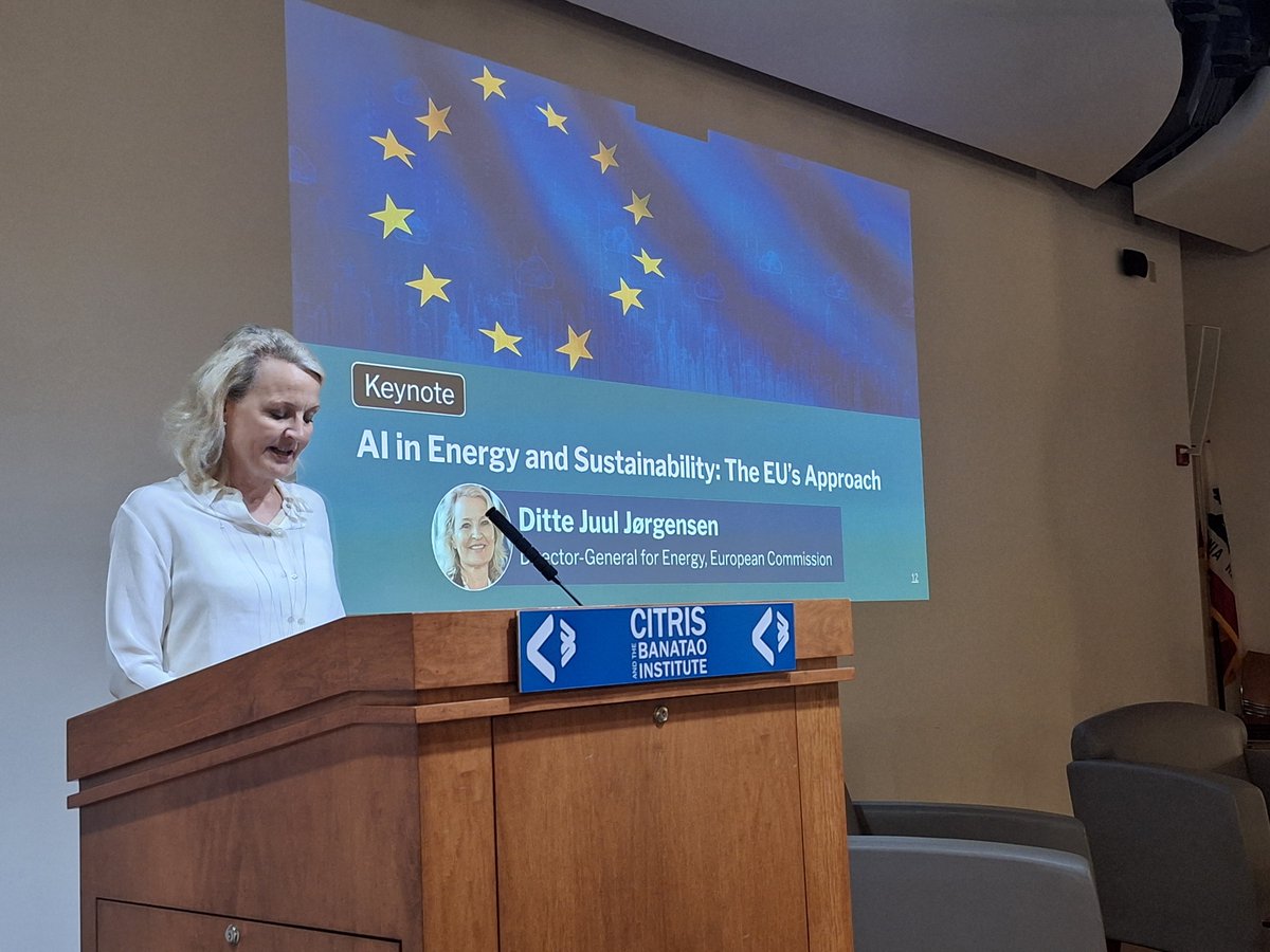 LukasWernert's tweet photo. Keynote speech by Ditte Juul-Jørgensen, European Commission Director-General for Energy on AI in Energy and Sustainability at UCBerkeley's Citris and the Banatao Institute Day: 
How the EU is embracing opportunities and managing risks.

(1/2) https://t.co/ataxymthiv