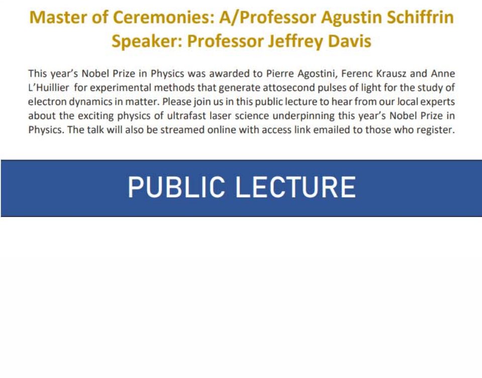 Discover ultrafast attosecond laser-pulse physics, recognised by 2023 Physics #NobelPrize Talk for @ausphysics by Jeff Davis @Swinburne this afternoon 3.30PM at @Swinburne + 4PM online Register for nibbles and zoom link: aip.org.au/VIC-BRANCH/132…