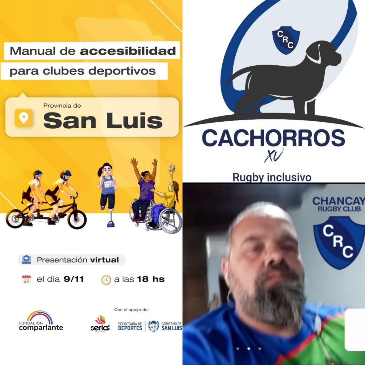 El CHANCAY -con su proyecto de Rugby Inclusivo "Cachorros XV"- participa de la charla que organiza la
Fundación Comparlante donde se presentó el Manual de Accesibilidad para Clubes Deportivos.
En el encuentro se habló sobre discapacidad y deportes.