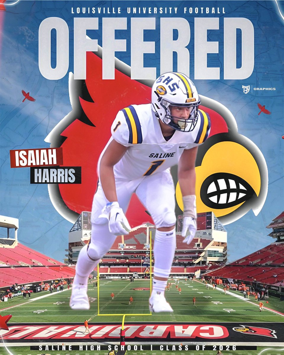 isaiah_harris37's tweet photo. After a great conversation with @pete_nochta13 , I’m blessed to receive my second D1 Offer, from the University of Louisville!! #AGTG #blessed @SalineFootball @ReggieWynns @RisingStars6 @TheD_Zone @AllenTrieu
@Rivals_Clint @LouisvilleFB 
@PrepRedzoneMI https://t.co/0bCOpZFATM