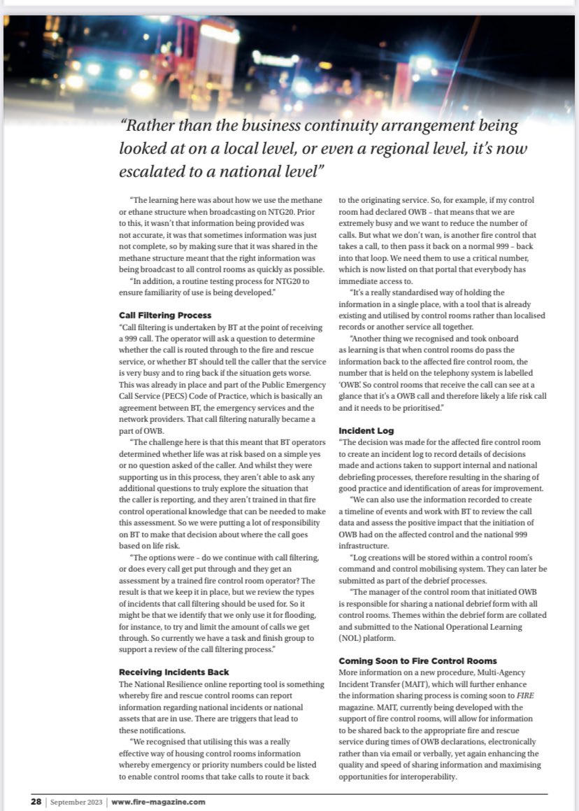 Kelly Whitmore (@kelly_whitmore1) on Twitter photo Rather than business continuity arrangements being looked at on a local or even regional level, it’s now escalated to a national level.
My article in <a href="/FIRE_Editor/">FIRE magazine</a> highlights how our national 999 call redistribution plan improves the control rooms ability to manage multiple calls Rather than business continuity arrangements being looked at on a local or even regional level, it’s now escalated to a national level.
My article in <a href="/FIRE_Editor/">FIRE magazine</a> highlights how our national 999 call redistribution plan improves the control rooms ability to manage multiple calls
