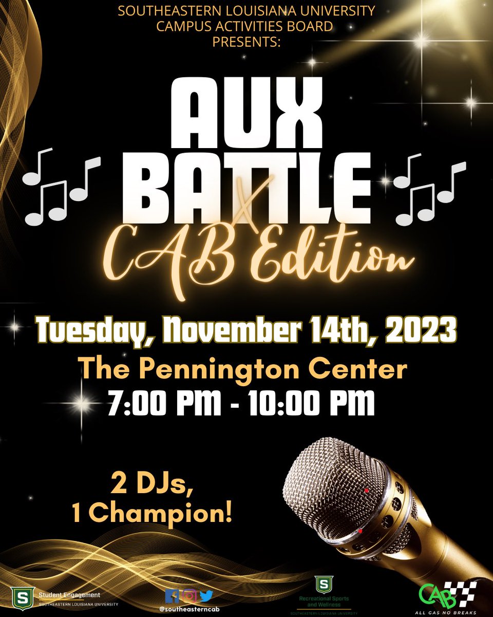 🎵🔥 Bring the beats, bring your friends, and bring your best playlist – it's time for Aux Battle x CAB Edition! Join us Tuesday, November 14th in the Pennington Center (The Rec)!🎶 #AuxBattleCABEdition #allgasnobrakes #slucab