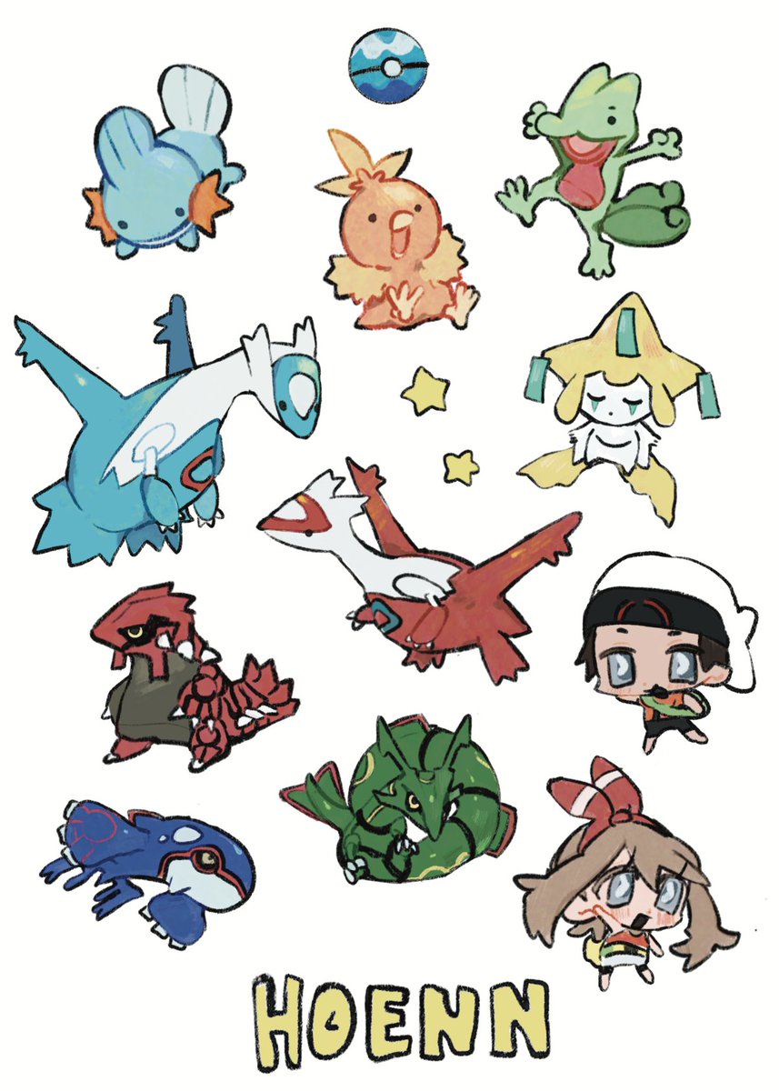 ユウキ(ポケモントレーナー) ,ハルカ(ポケモントレーナー) ,ミズゴロウ 「working on some pokemon sticker sheets ^」|jinnsae 🐙 awakening replayのイラスト