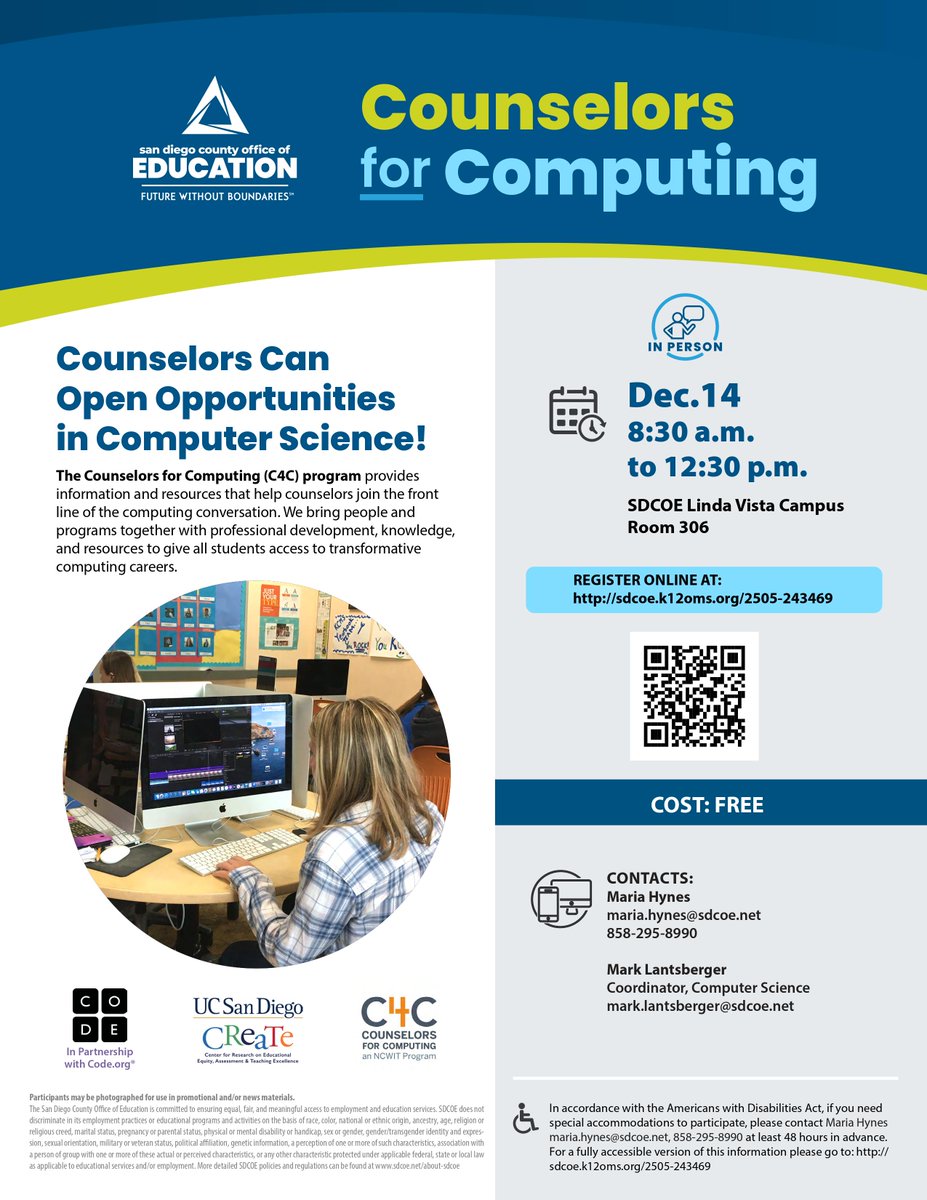 Join the Counselors for Computing (C4C) program, where you can help empower students with transformative computing careers! 📅 Date: December 14th 🕣 Time: 8:30 a.m. to 12:30 p.m. 📍 Location: SDCOE Linda Vista Campus, Room 306 Register here: sdcoe.k12oms.org/2505-243469