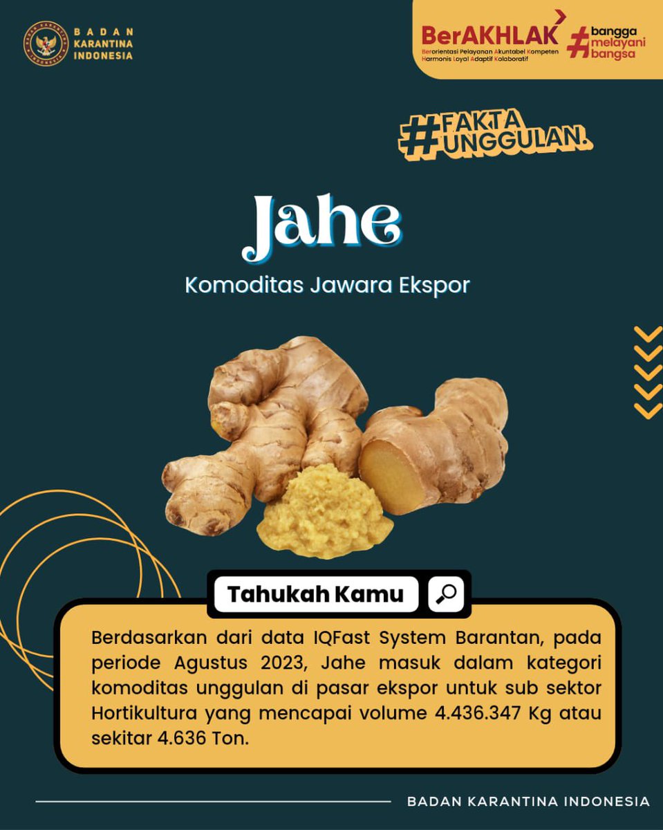 BarantinRI's tweet photo. SobatQ,

Tahukah kalian jika Jahe 🇲🇨, rempah yang memberi sensasi hangat ini tidak hanya laris di tanah air namun juga di banyak negara?

Cek #FaktaUnggulannya disini>> swipe swipe

Karimin #SapaPagi https://t.co/sMaXvH5c7q