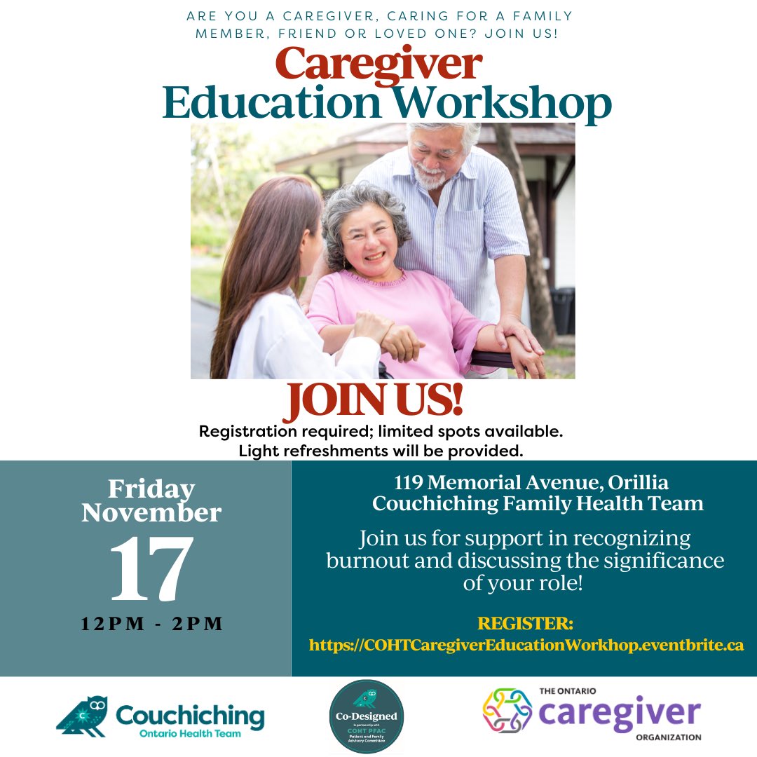 Our #Caregiver Education Workshop is fast approaching, make sure you register! 🚨

The Couchiching #OHT #PFAC has partnered with @ontariocaregiver to show support and recognition for caregivers in our area! 

Register here: …egiverEducationWorkshop.eventbrite.ca 

See you there! 

#OneCommunity