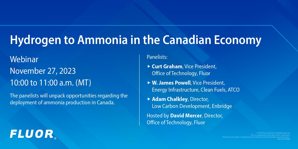 Have you ever wondered what role ammonia plays in the energy transition? Don't miss our upcoming webinar to hear from industry experts on the deployment of ammonia production in Canada. 

Register today: fluor.webex.com/weblink/regist… 

#BuildingABetterWorld #EnergyTransition #Ammonia