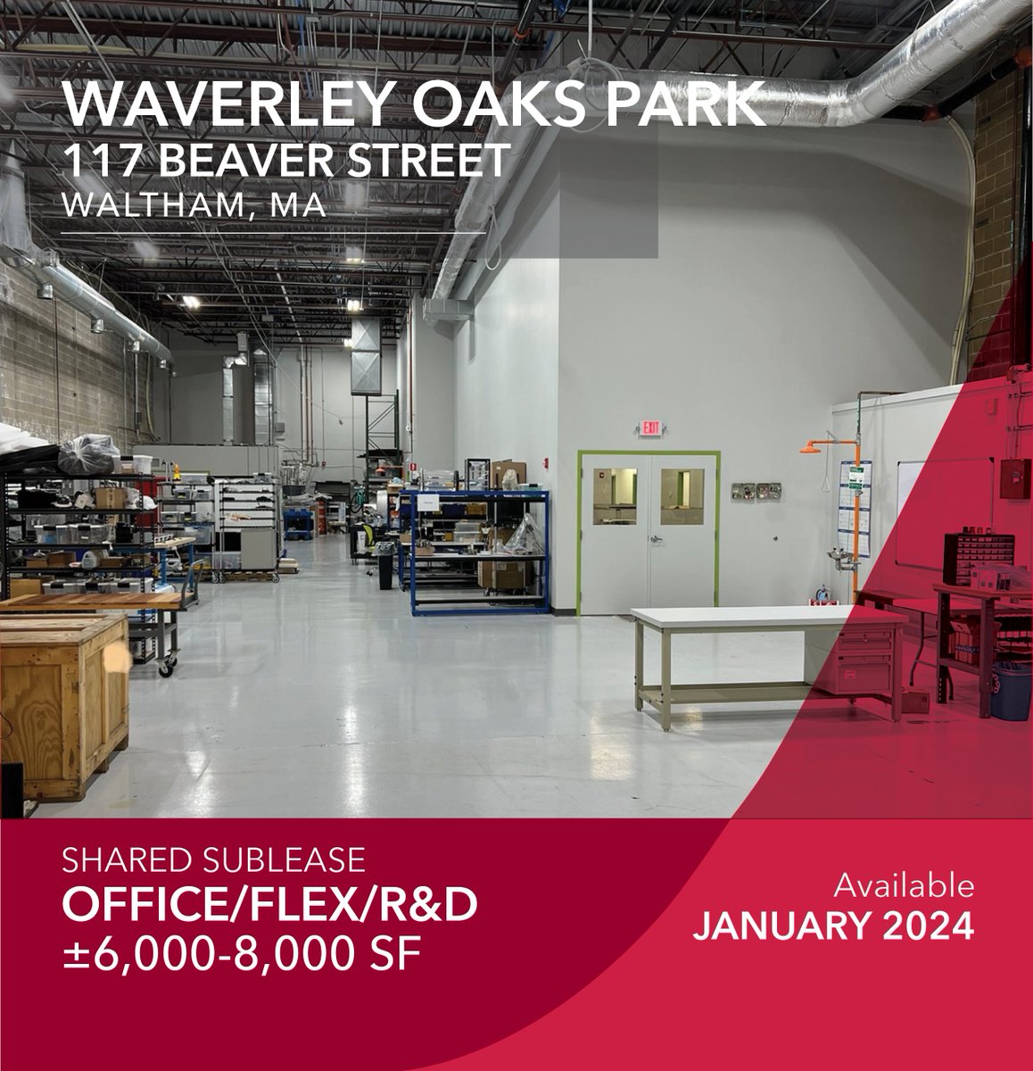 Waverley Oaks Park office/flex/R&amp;D shared sublease. 6,000-8,000 SF with 21' clear height, 100% HVAC, epoxy flooring - contact us for more information!  #sublease #flex #office #WaverleyOaksPark loom.ly/zQWmN0Y
