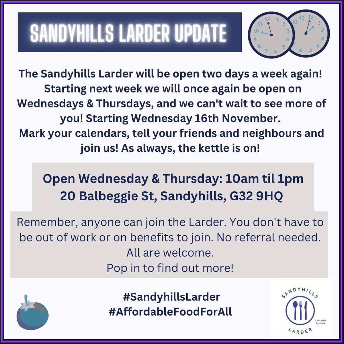 ⭐️GOOD NEWS!⭐️ 
The Sandyhills Larder will be open 2 days a week again starting next week!
🥳
Please tell your friends, neighbours &amp; family that may not have access to social media.
We're so excited to be going back to opening 2 days a week again, &amp; can't wait to see more of you!