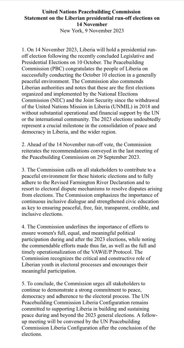 SwedenUN 🇸🇪 (@swedenun) on Twitter photo 🇺🇳<a href="/UNPeacebuilding/">United Nations Peacebuilding</a> Commission supports peace in Liberia.
Ahead of Nov 14 run-off elections the #PBC 🇱🇷Configuration, chaired by🇸🇪<a href="/AkEnestrom/">Anna-Karin Eneström</a>, urges stakeholders to continue to demonstrate strong commitment to peace, democracy & the electoral process.
➡️ bit.ly/3SAcXm1 🇺🇳<a href="/UNPeacebuilding/">United Nations Peacebuilding</a> Commission supports peace in Liberia.
Ahead of Nov 14 run-off elections the #PBC 🇱🇷Configuration, chaired by🇸🇪<a href="/AkEnestrom/">Anna-Karin Eneström</a>, urges stakeholders to continue to demonstrate strong commitment to peace, democracy & the electoral process.
➡️ bit.ly/3SAcXm1