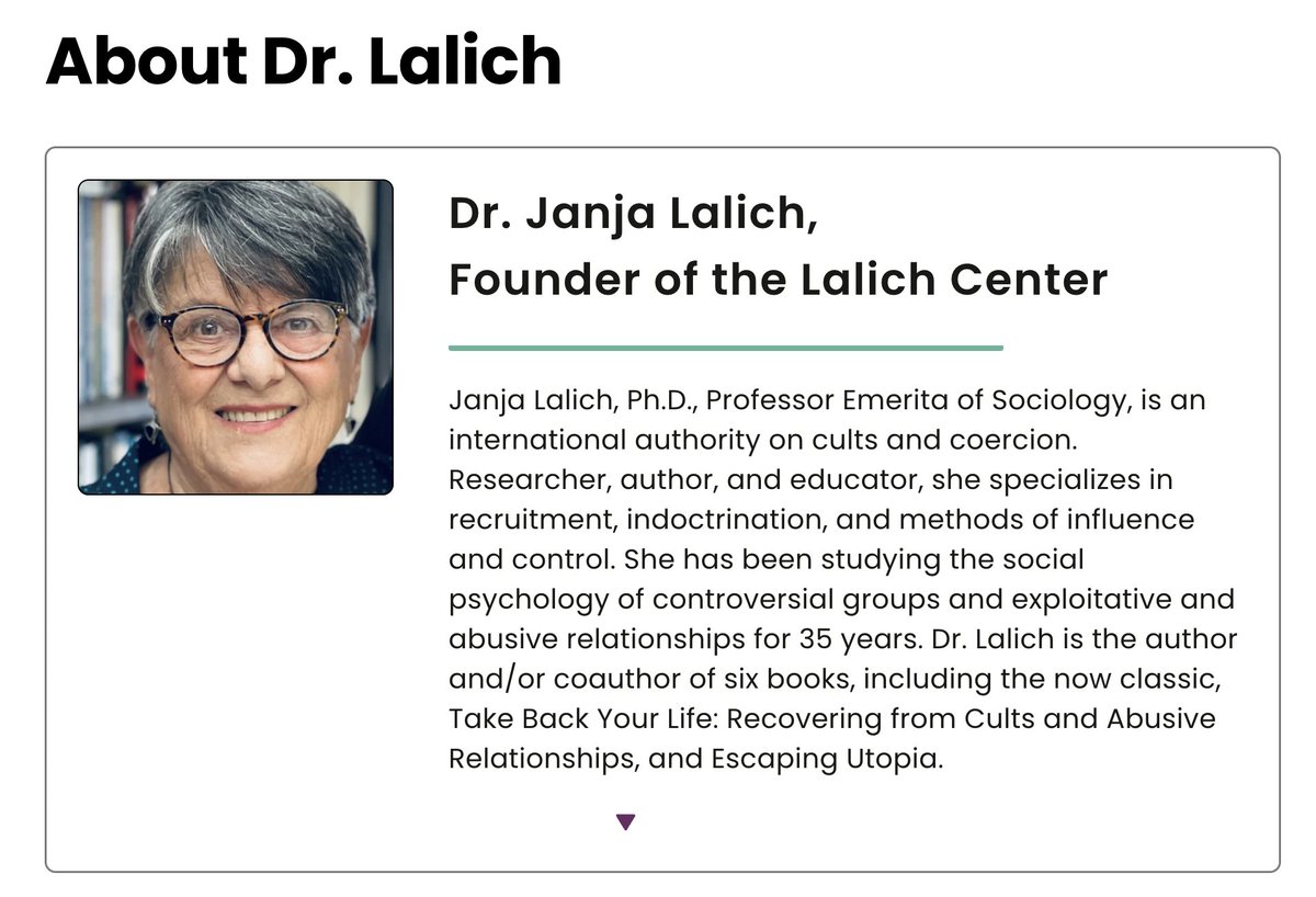 A WOMAN WHO MAKES A DIFFERENCE IN THIS WORLD:  Dr. Janja Lalich. The Lalich Center's mission is '... to help survivors of cults and coercive relationships to live meaningful lives by providing resources and support.' Read more about her work: lalichcenter.org. Dr. Lalich