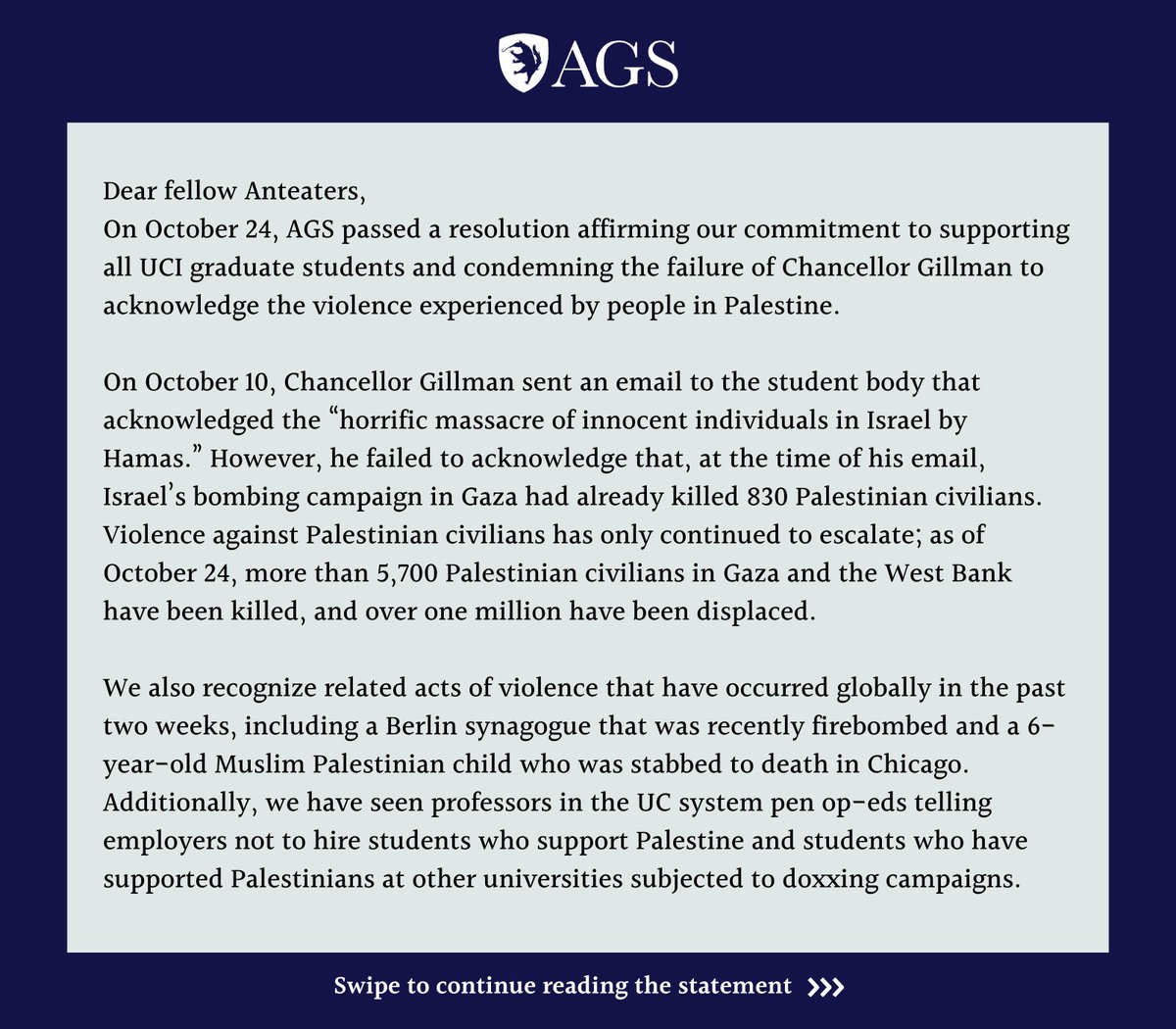 agsuci's tweet photo. Dear fellow Anteaters, on October 24, AGS passed a resolution affirming our commitment to supporting all UCI graduate students and condemning the failure of Chancellor Gillman to acknowledge the violence experienced by people in Palestine. https://t.co/TJSyJZF1ID