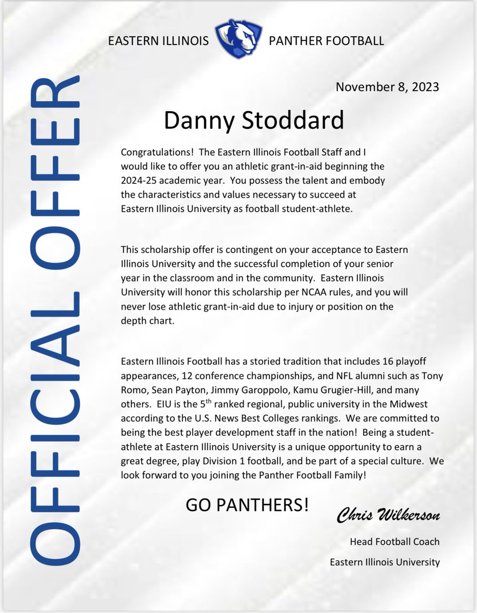 Danny Stoddard (@dstod_19) on Twitter photo After a great talk with <a href="/CoachJoeDavis/">Joe Davis</a> I am very blessed to receive a full ride offer to Eastern Illinois University!
<a href="/medinaathletics/">Medina Athletics</a> <a href="/BradMaendler/">Brad Maendler</a> After a great talk with <a href="/CoachJoeDavis/">Joe Davis</a> I am very blessed to receive a full ride offer to Eastern Illinois University!
<a href="/medinaathletics/">Medina Athletics</a> <a href="/BradMaendler/">Brad Maendler</a>