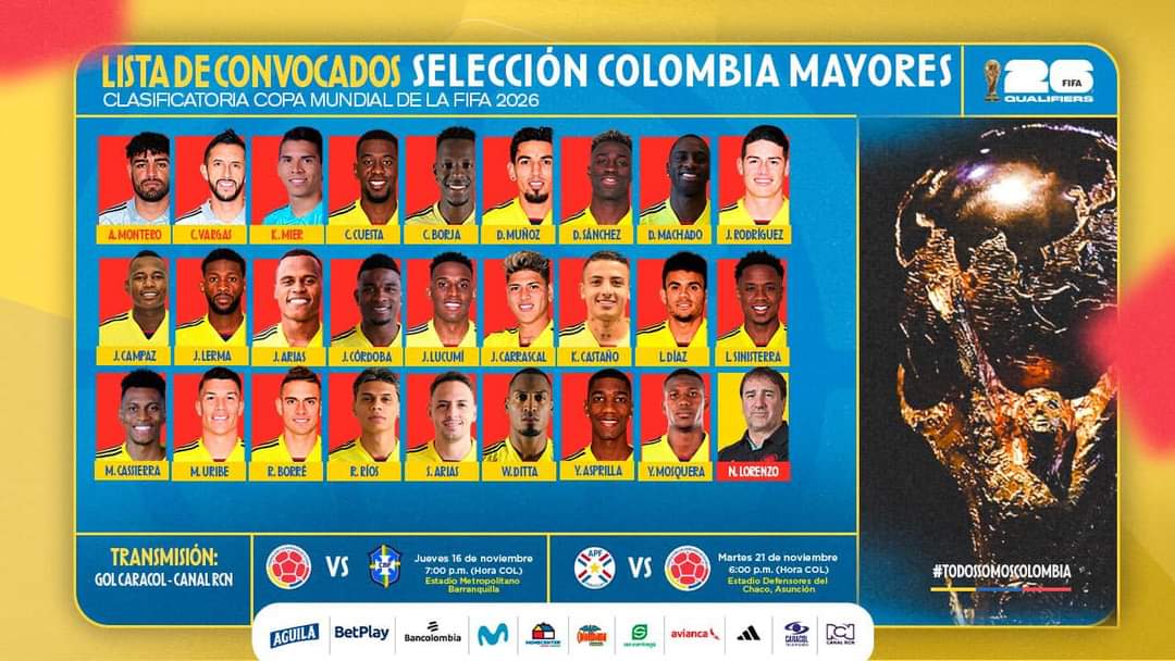 FutbolImp's tweet photo. NESTOR LORENZO DA LOS 23 CONVOCADOS.

La Selección Colombia da a conocer los convocados para los juegos ante Brasil y Paraguay. Campaz es la novedad se las eliminatorias y aún se sigue llamando a Matheus Uribe. BUENO A SEGUIR NAVEGANDO CONTRA LA CORRIENTE. VAMOS COLOMBIA. 🇨🇴 https://t.co/qENJG1whVG
