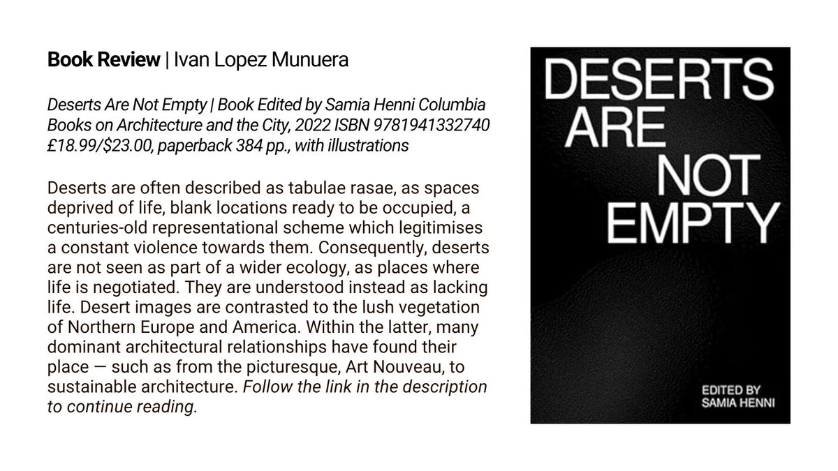 📢 Now online: Deserts Are Not Empty, Edited by Samia Henni - Book review by Ivan Lopez Munuera <a href="/BardArch/">Bard Architecture</a>
tandfonline.com/doi/full/10.10…