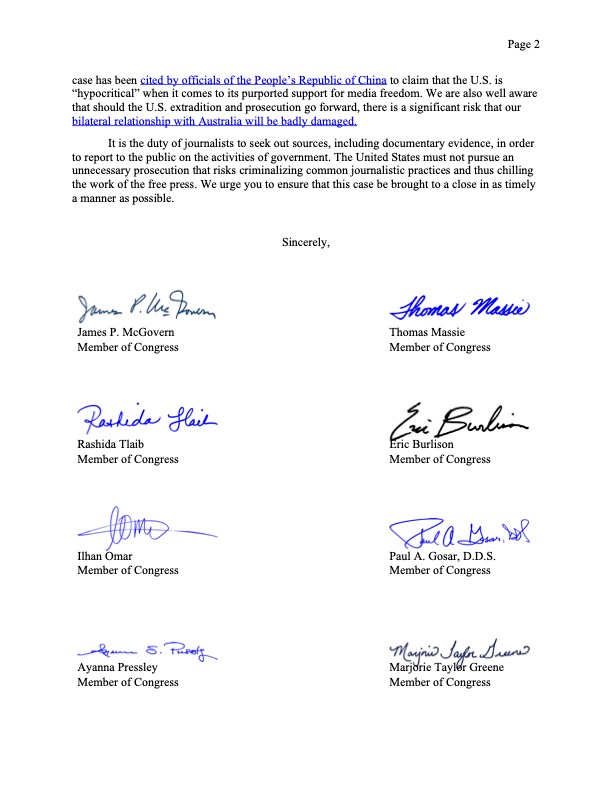 wikileaks's tweet image. New: Bipartisan group of 16 members of Congress call to end proceedings against WikiLeaks publisher Julian Assange who is facing a 175 year sentence if extradited to the US #FreeAssange #JournalismIsNotACrime