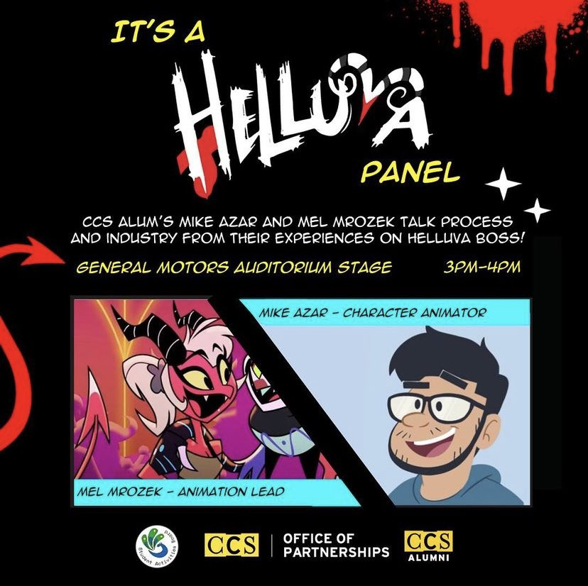 Heya any CCS students/alum!! <a href="/cartoonymike/">Michael Azar</a> and I will be doing a little talk this Saturday about our experiences working on Helluva Boss!! Hope to see you there!💖
