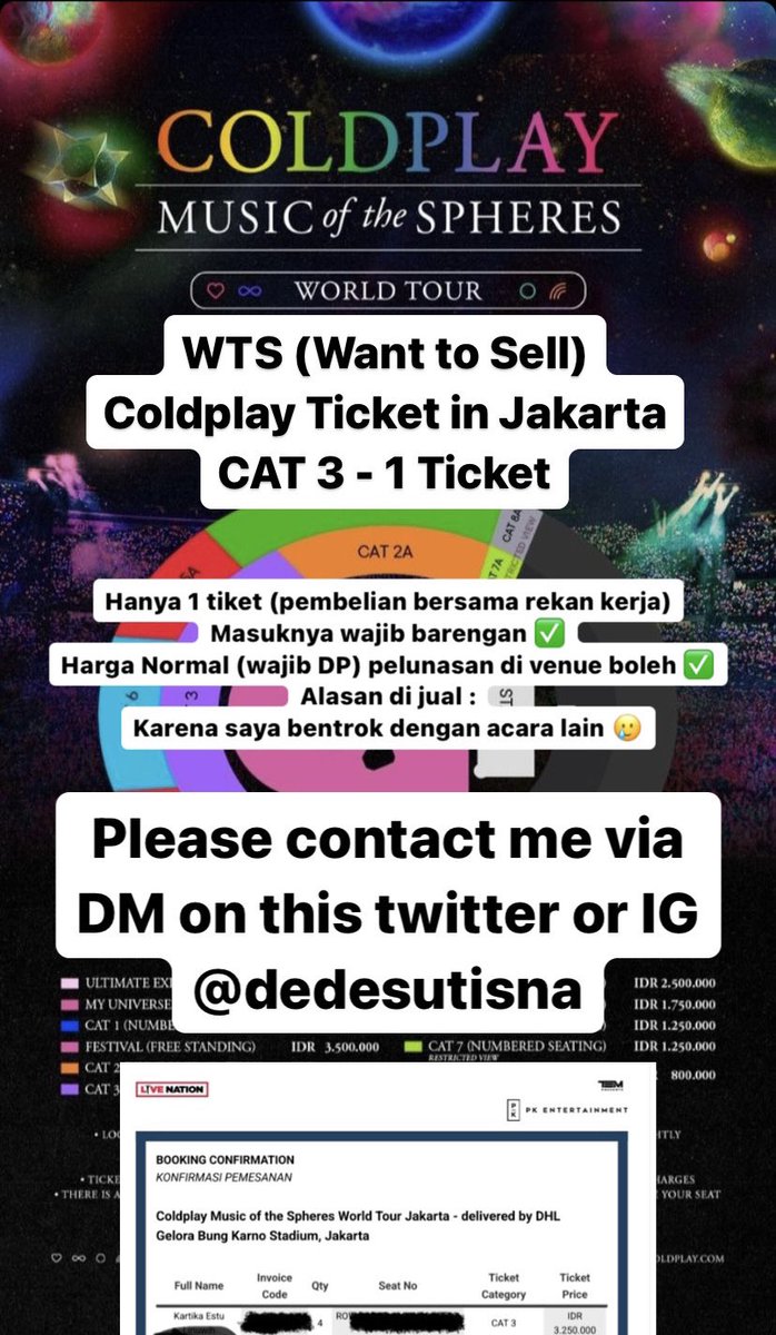 dedesutisna's tweet photo. WTS (Want to Sell)

Coldplay Concert in Jakarta
15th Nov 23
CAT 3 - 1 Ticket Only
Normal Price
DM me for detail

#wts #wtscoldplay #wtscoldplayinjakarta #ColdplayInJakarta #Coldplaytickets #Coldplay https://t.co/eK8rKAC9bn