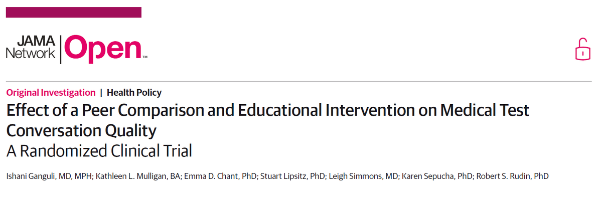 Ishani Ganguli MD, MPH (@ishanig) on Twitter photo New📜<a href="/JAMANetworkOpen/">JAMA Network Open</a>: Our RCT of a peer comparison/education intervention to improve PCP-patient medical test conversations during annual visits
jamanetwork.com/journals/jaman… New📜<a href="/JAMANetworkOpen/">JAMA Network Open</a>: Our RCT of a peer comparison/education intervention to improve PCP-patient medical test conversations during annual visits
jamanetwork.com/journals/jaman…