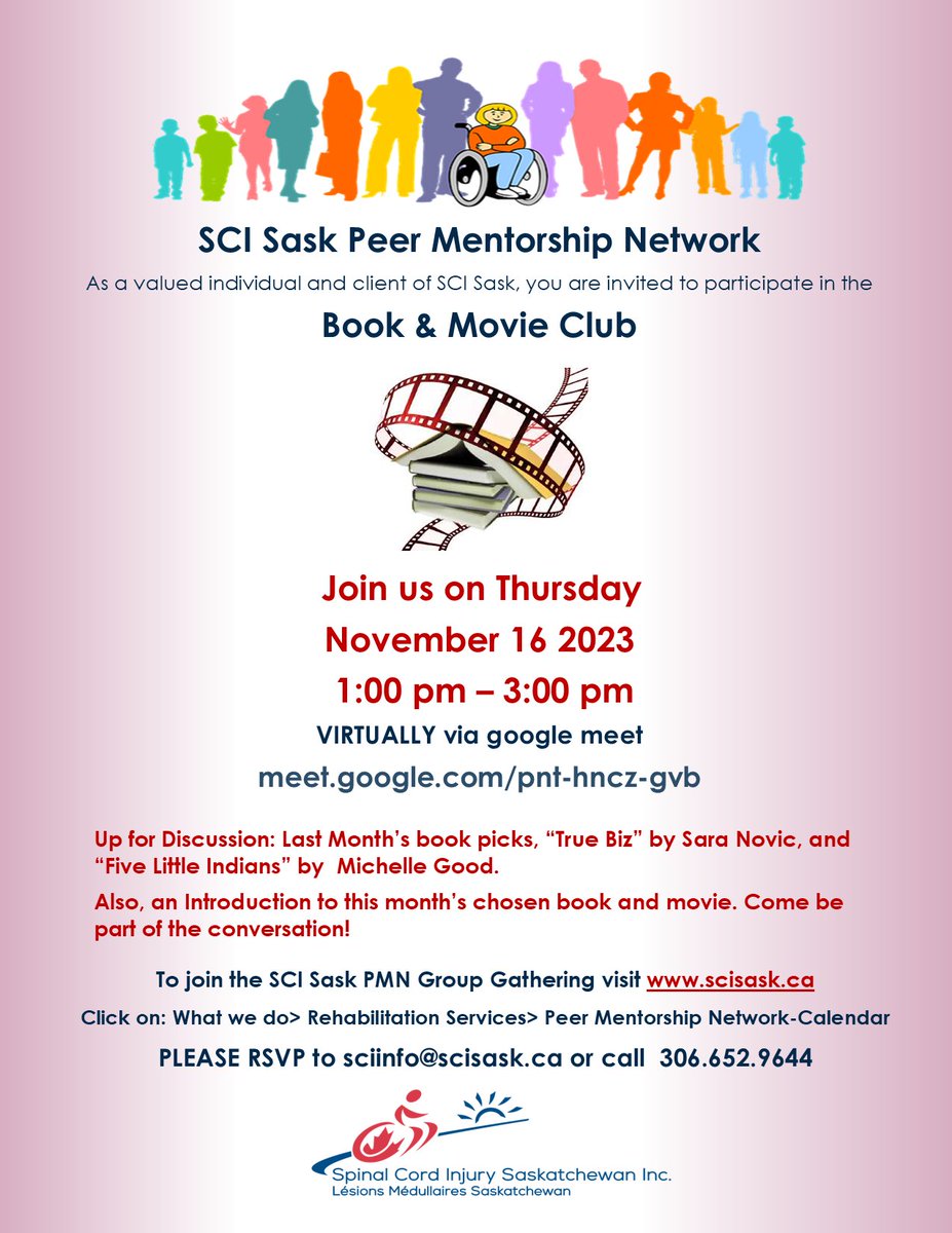 SCI Sask Peer Mentorship Network
Book &amp; Movie Club
Thursday November 16 2023