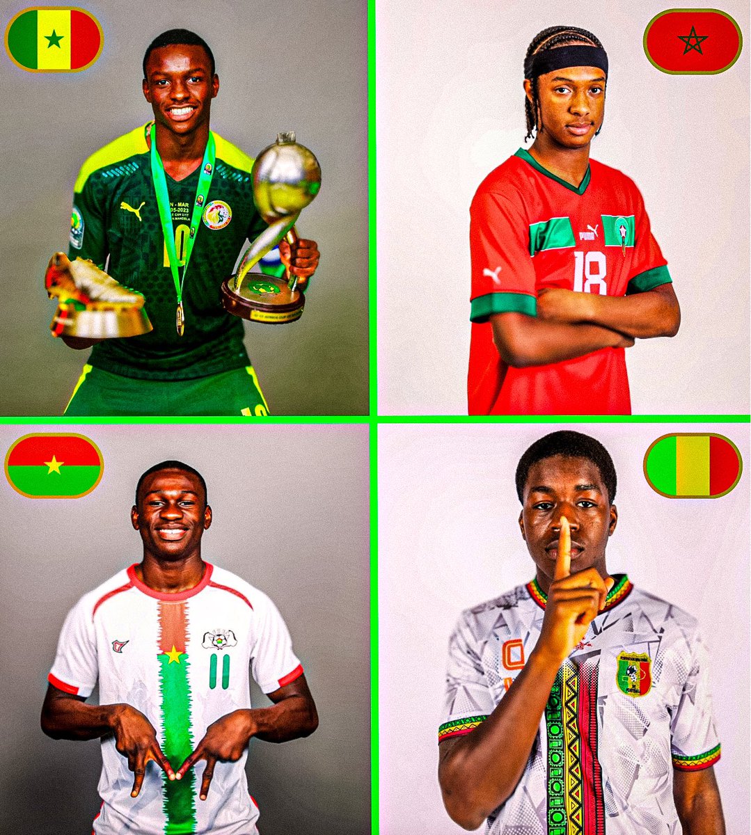 Bonne chance aux 4 représentants africains pour la Coupe du Monde U17 qui commence demain. 🌍🫡 🇸🇳🇲🇦🇧🇫🇲🇱