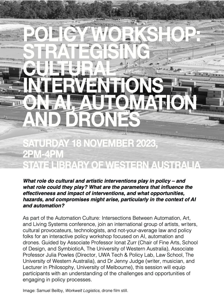 Next weekend I'm in Perth to help guide an interactive policy workshop on AI, automation and drones, with <a href="/juliapowles/">Julia Powles</a> and the amazing folk at the <a href="/uwanews/">UWA</a> Tech &amp;  Policy Lab. We'll be exploring the power of art to shape policy. Come if you're around!