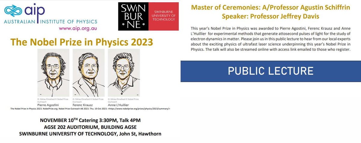 Learn about ultrafast attosecond laser pulse physics, recognised by 2023 #NobelPrize in physics. Talk for @ausphysics by Jeff Davis @Swinburne tonight (4pm online and 3.30 in-person at Swinburne), with MC Agustin Schiffrin @Monash_Science Register at buff.ly/40kr6FS