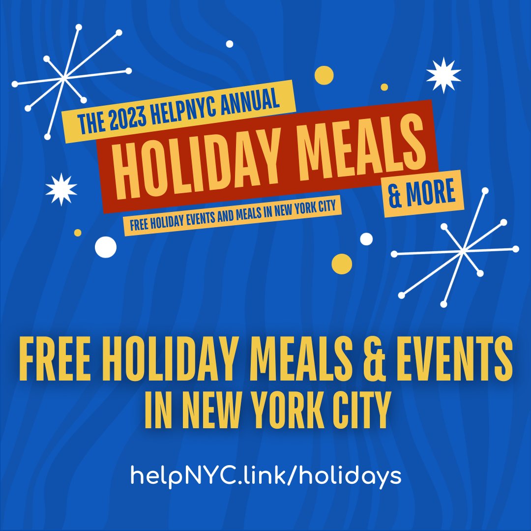 Facing food insecurity this holiday season?  

Visit the 2023 #helpNYC #HolidayMeals &amp; More listings campaign for help finding food and community events this #holidayseason! 

GO TO helpNYC.link/holidays.

#holidays #foodinsecurity #nycfood #foodnyc #nycfoodies #fightinghunger