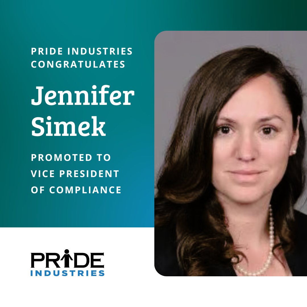 tweetsforpride's tweet image. Congratulations to Jennifer Simek on her promotion to Vice President of Compliance. In her new role, she leads our AbilityOne compliance teams in supporting our #workforceinclusion and Federal Facility Services.
#BusinessExcellence #InclusiveEmployment #PRIDEIndustries