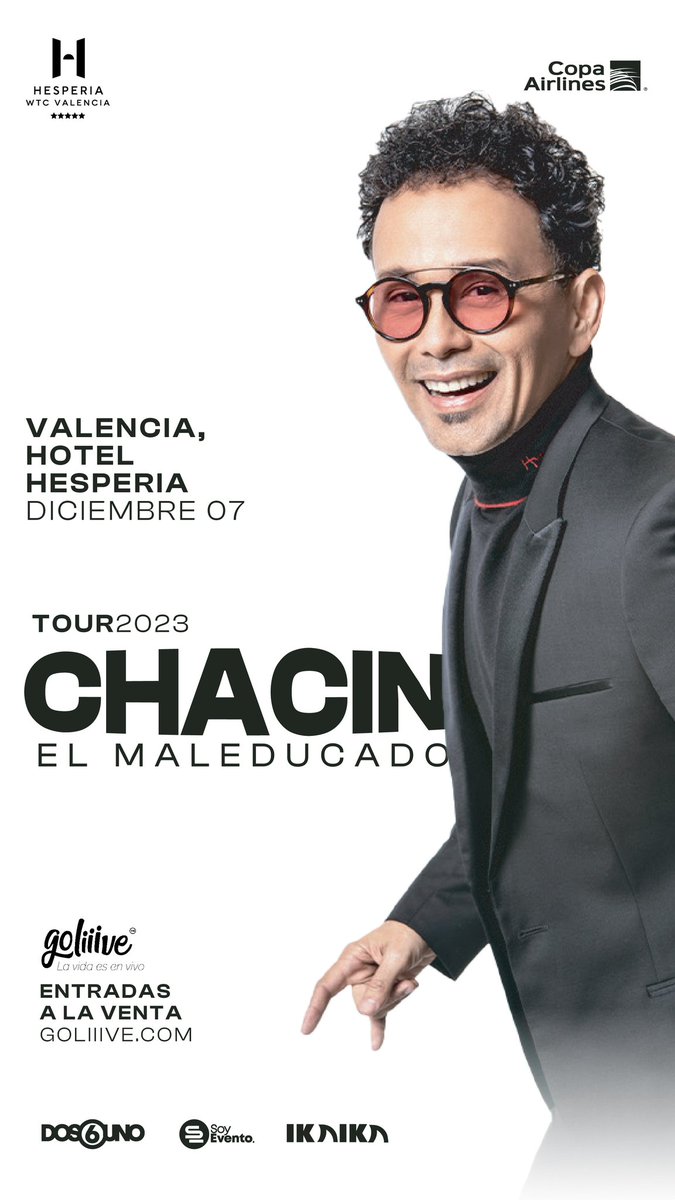 El compositor y cantante Jorge Luis Chacin trae toda su buena música y un gran show a valencia este 7 de diciembre en el Hotel Hesperia.
Entradas por Goliiive.com 
Vamos a vacilar