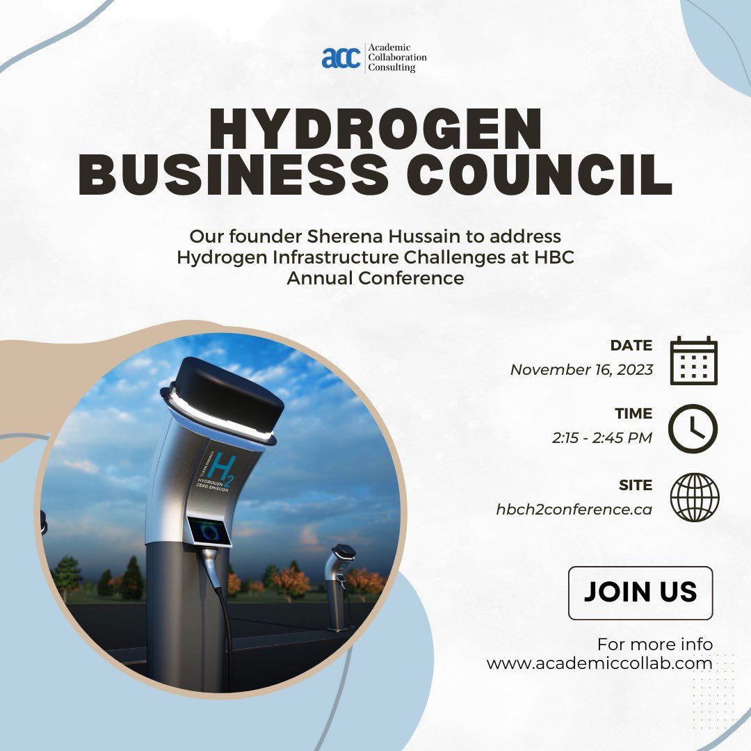 Our founder Sherena Hussain will be speaking at the Hydrogen Business Council’s Annual Conference on Challenges to Hydrogen Infrastructure.  Join us: hbch2conference.ca #HBCConference #HydrogenInfrastructure #CleanEnergy #SustainableBusiness #RenewableEnergy #HydrogenTech