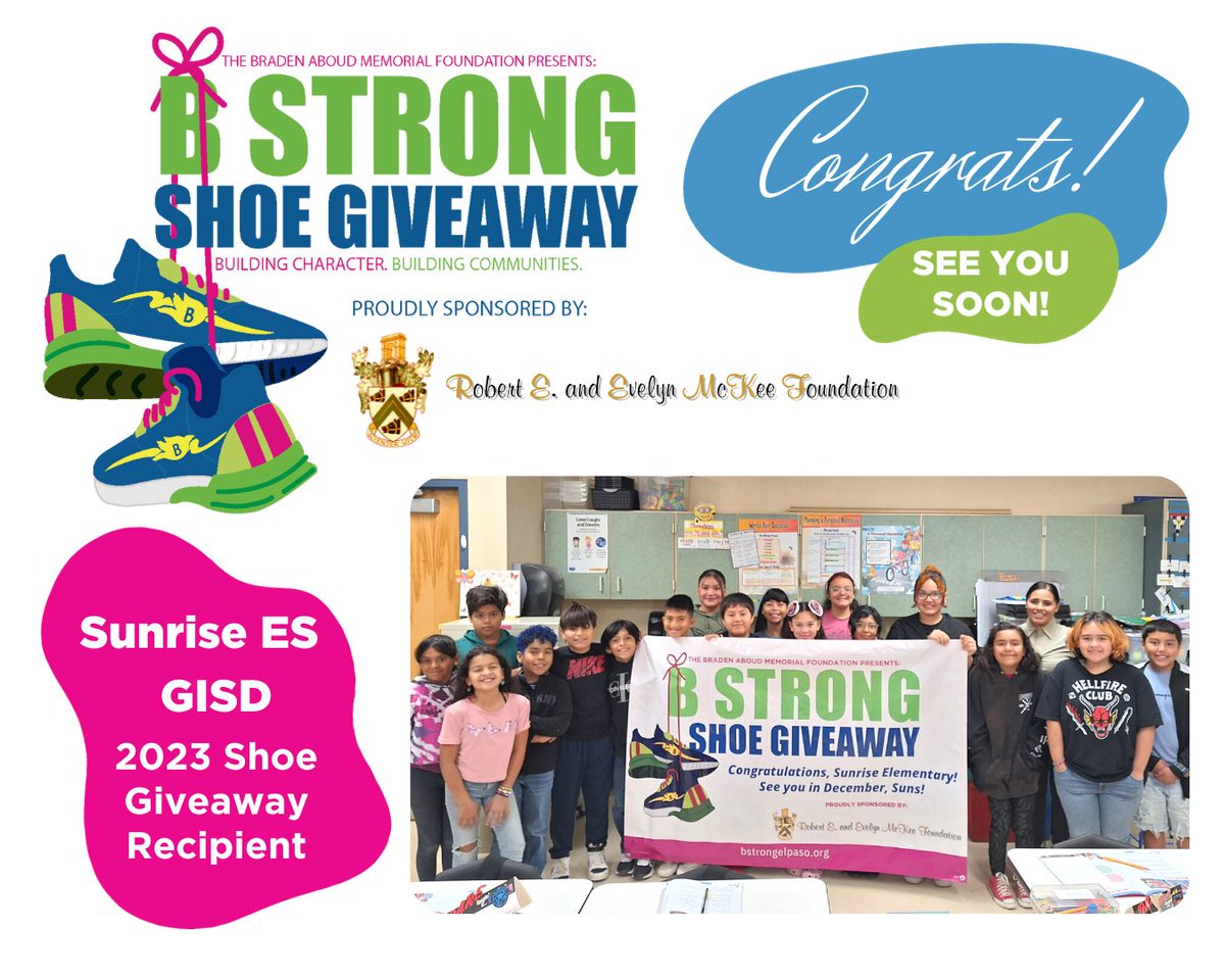 Big news to kickoff the weekend! Sunrise ES of Gadsden Independent School District is the recipient of the 2nd 2023 Shoe Giveaway! We can't wait to bring the spirit of the season of giving to the Suns in December.

Helping kids #BSTRONG, one new pair of shoes at a time!