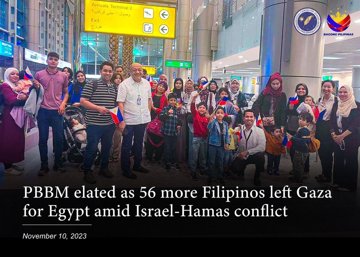 President Ferdinand R. Marcos Jr. expressed elation on Friday after receiving reports that 56 more Filipinos have left Gaza to join 42 others who previously crossed the Rafah Crossing for Egypt. READ: pco.gov.ph/PBBM-elated-as…