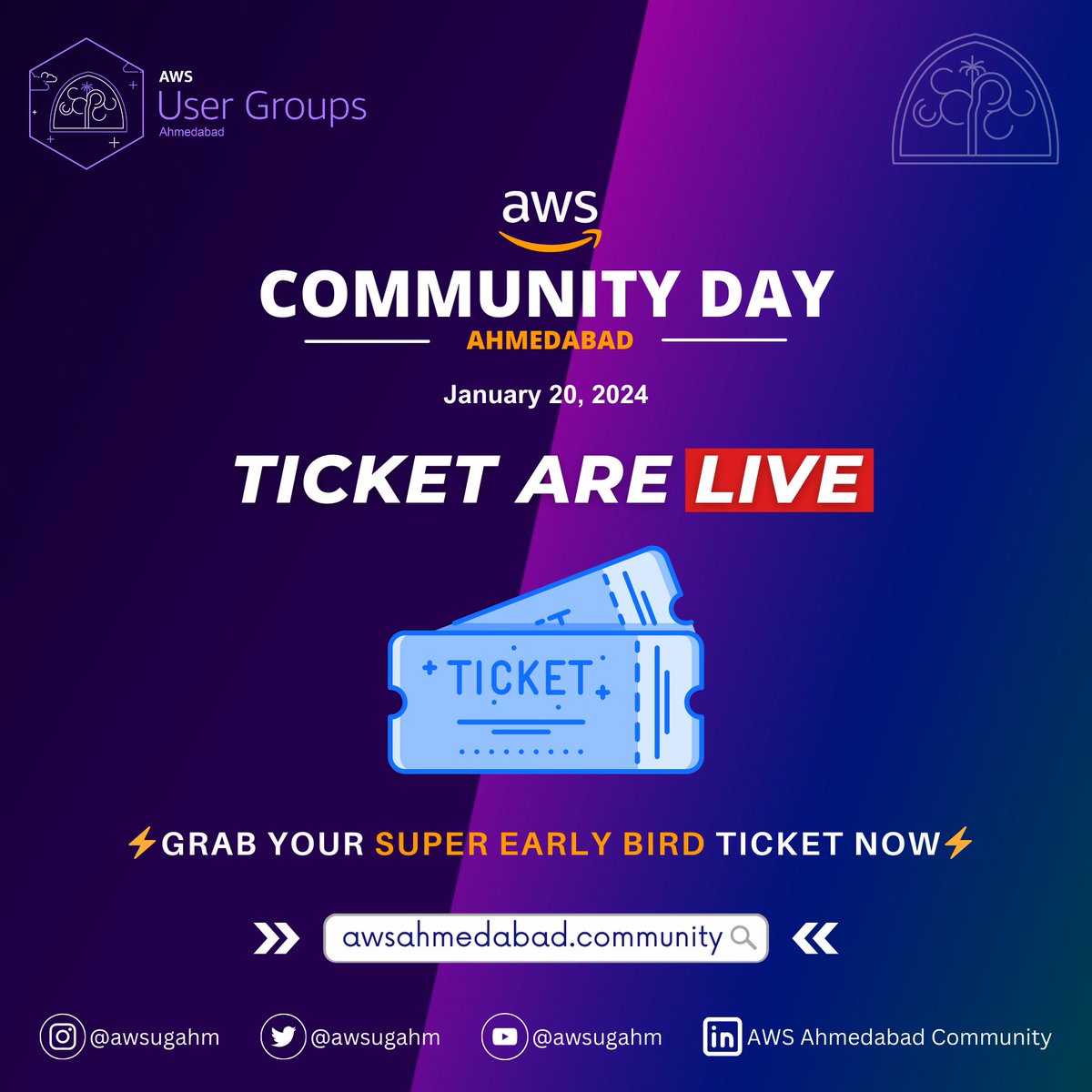 AWS UG Ahmedabad (@awsugahm) on Twitter photo ⚡️ Tickets are live ⚡️
Grab your super early bird tickets now - awsahmedabad.community/#tickets
#aws #awscloud #awsugahm #awscommunity #awscommunityday <a href="/awscloud/">Amazon Web Services</a> <a href="/AWSCloudIndia/">AWS Cloud India</a> <a href="/AWSEvents/">AWS Events</a> ⚡️ Tickets are live ⚡️
Grab your super early bird tickets now - awsahmedabad.community/#tickets
#aws #awscloud #awsugahm #awscommunity #awscommunityday <a href="/awscloud/">Amazon Web Services</a> <a href="/AWSCloudIndia/">AWS Cloud India</a> <a href="/AWSEvents/">AWS Events</a>