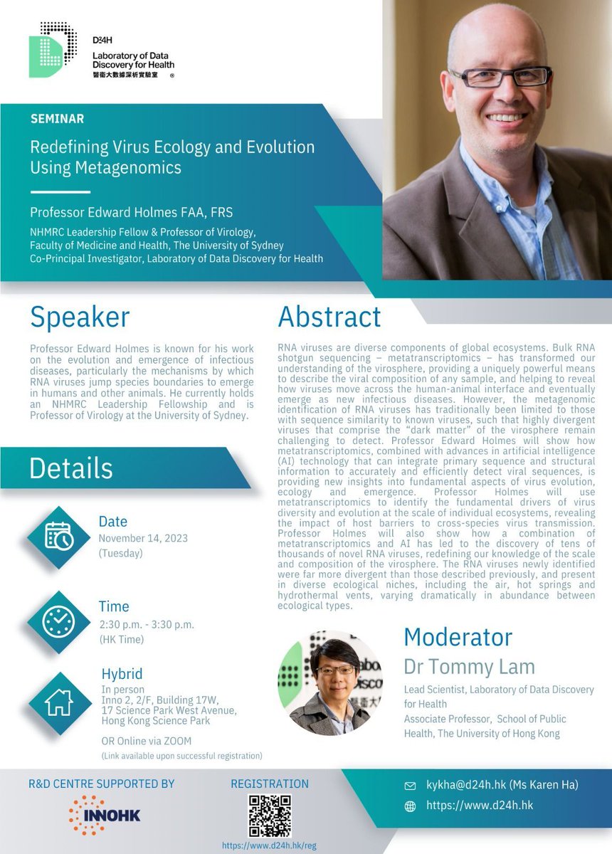 Join @HKU_D24H for a seminar by Professor Edward Holmes from @Sydney_Uni on “Redefining Virus Ecology and Evolution Using Metagenomics” at 2:30 pm on 14 November. The event will be held in hybrid mode. For more details and to register: buff.ly/3srklWk
