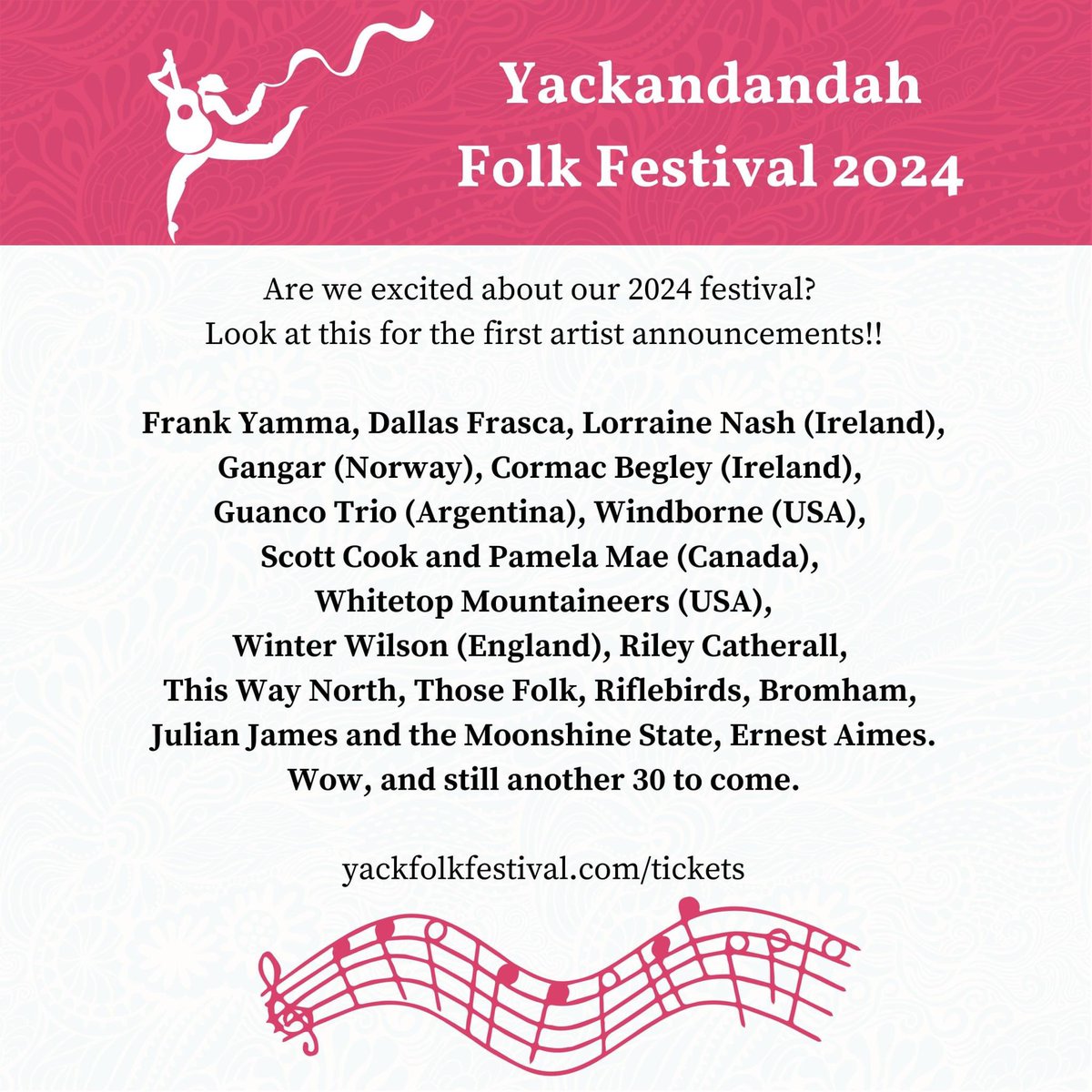 First artist announcements for 2024! Frank Yamma, Dallas Frasca, Lorraine Nash (Ireland), Gangar (Norway), Cormac Begley (Ireland), Guanco Trio (Argentina), Windborne (USA), Scott Cook and Pamela Mae (Canada), Whitetop Mountaineers (USA) and more. Tickets yackfolkfestival.com/tickets/