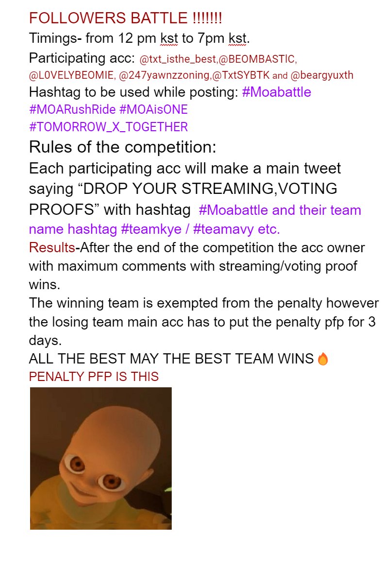 BEOMBASTlC's tweet photo. MOAS PLEASE PAY ATTENTION‼️
RULES OF THE SATURDAY BATTLE BETWEEN MOA ACCOUNTS ⬇️
@txt_isthe_best @BEOMBASTlC @L0VELYBEOMIE @247yawnzzoning @beargyuxth @TxtSYBTK
Kindly please participate in this battle and team up with me 😉🥰❤️ #TeamWire #MOABattle https://t.co/YweSIHDmrB