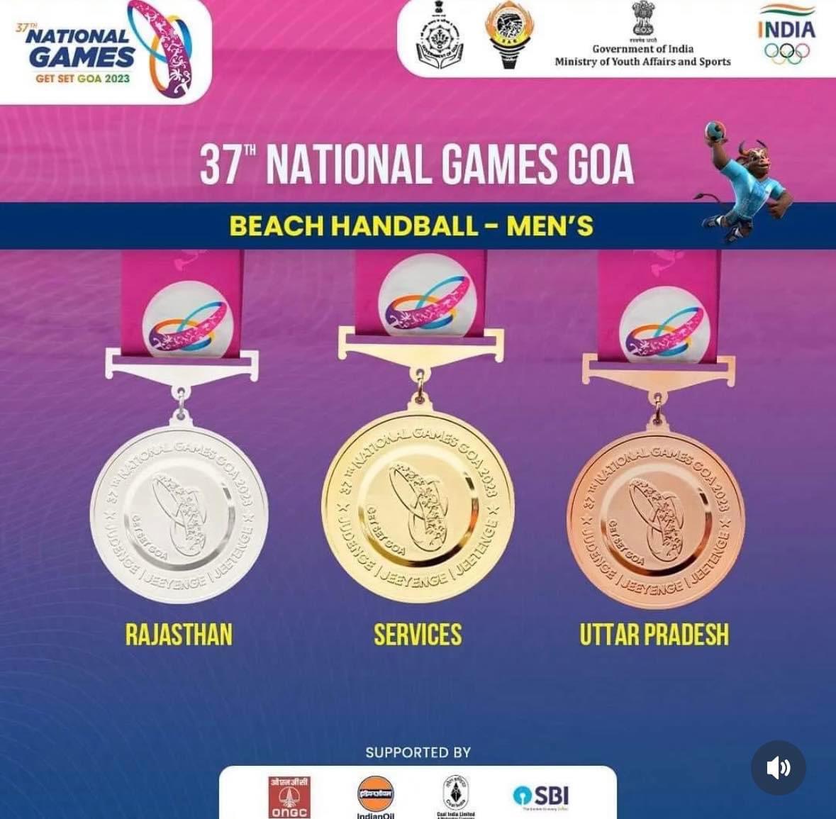 RajHandballAsso's tweet photo. Today is a historic day for Rajasthan Handball.🤾 

Rajasthan men Beach Handball Team performed superb in all the matches and won silver medal for Rajasthan at 
37th National Games Goa from 5 - 9 Nov 23.

RSHA congratulate to all team members and officials. https://t.co/0vy7yiGXH3