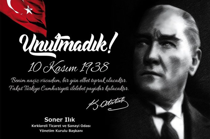 Cumhuriyeti'mizin Kurucusu Ulu Önder Gazi Mustafa Kemal Atatürk'ü Ebediyete İntikalinin 85. Yıldönümü'nde özlem, saygı ve minnetle anıyorum. Kırklareli TSO Başkanı @SonerILIK