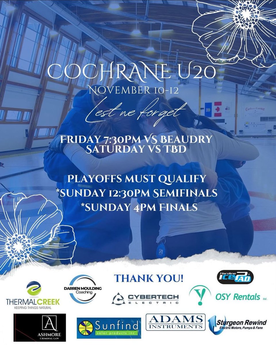 teamwhitbread (@teamwhitbread) on Twitter photo Starting tomorrow we are back playing in the @cochranecurlingclub U20 event!!
Our first game is Friday at 730pm vs <a href="/teamgracebeaud2/">Beaudry Curling Company</a> !
As always, thank you to our families, friends, coaches, and our sponsors for all your support! Starting tomorrow we are back playing in the @cochranecurlingclub U20 event!!
Our first game is Friday at 730pm vs <a href="/teamgracebeaud2/">Beaudry Curling Company</a> !
As always, thank you to our families, friends, coaches, and our sponsors for all your support!