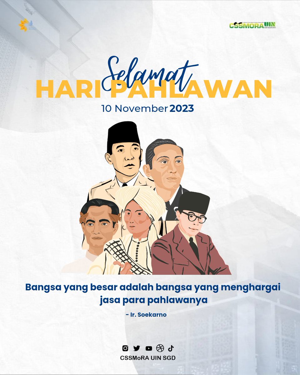 cssmoraUINSGD's tweet image. Selamat Hari Pahlawan
10 November 202

Ketika para pahlawan membayar kemerdekaan ini dengan darah, maka kita hargai kemerdekaan ini dengan keringat kerja keras untuk berkarya membanggakan Indonesia. 
#harisumpahpemuda #kabinetarunika #cssmorauinsgd2023