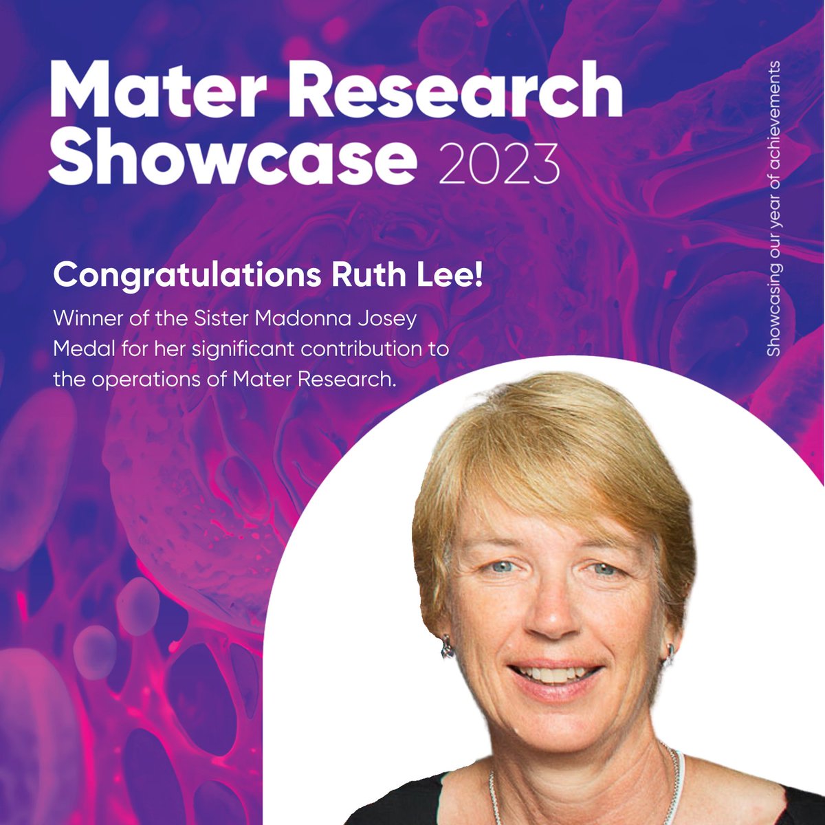Congratulations to Ruth Lee, winner of the Sister Madonna Josey Medal. This medal is awarded to an individual who has made a significant contribution to the operations of Mater Research. Ruth is a valuable member of the Mater Research Ethics and Governance team.