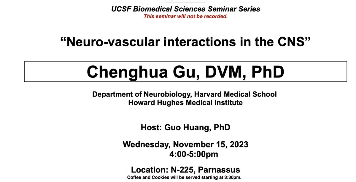 My great honor to host Chenghua @GuLabNeuro as our next @UCSF BMS seminar speaker. She mentored me when I rotated in the Ginty lab as a first-year @BCMB_JHMI PhD student. Thrilled to see her emerging as a leader in neurovascular biology in the last 20 years. Please join us.