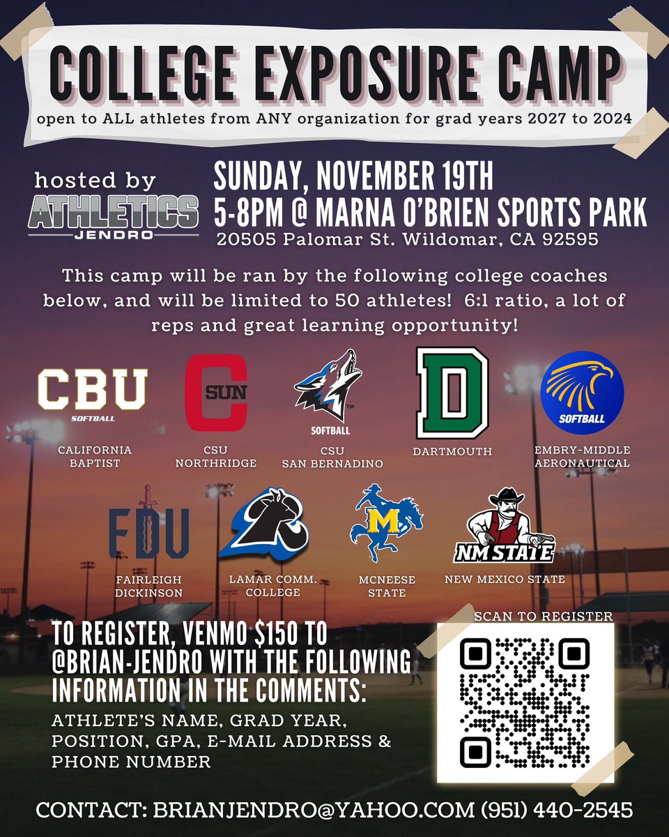 BrianJendro's tweet photo. Come check out this amazing  camp loaded with great schools ad Don Battles @CoachFoyeFDU @sydbenz @NMStateSoftball @CSUNSoftball @cal state San Bernardino @LCCLOPES_SB @McNeeseSoftball @msmithsb16 @CBUSoftball @ERAUSoftball @QrRecruiter https://t.co/X3glgLM1XI