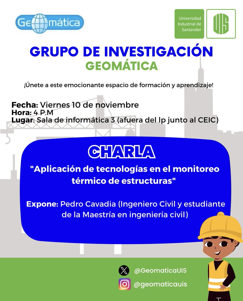 GeomaticaUIS's tweet image. ¡Te invitamos este viernes a las 4 pm en la Sala 3 de Informática a la próxima reunión del grupo de investigación de Geomática! 
Disfrutaremos de la charla “Aplicación de tecnologías en el monitoreo térmico de estructuras” 👷🏼‍♂️