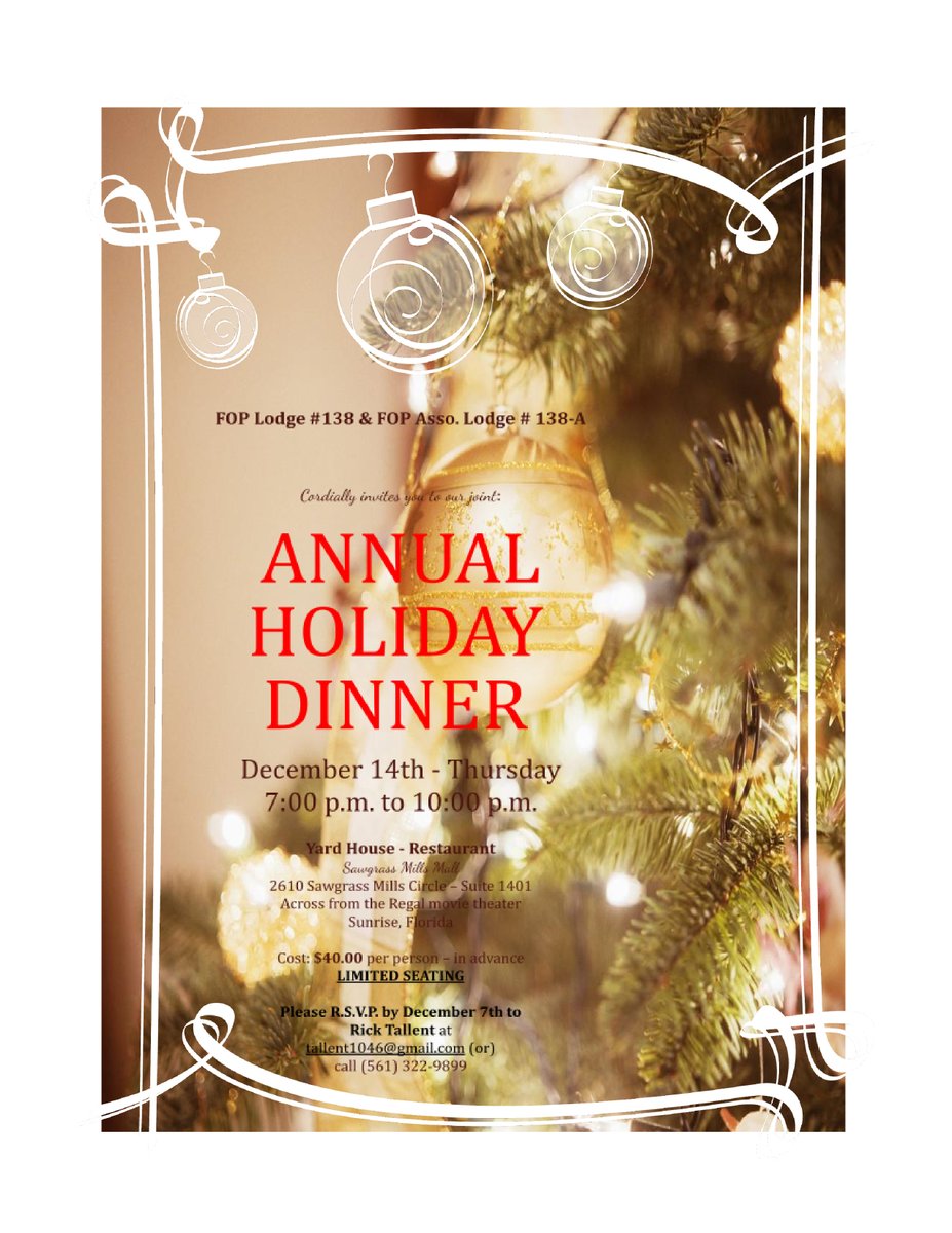 🎉Join: Annual Holiday Party at "The Yard House", Sawgrass Mall, Dec 14th, 7 PM! For just $40: From Filet Mignon to Chocolate Lava Cake! Hurry! Only 40 seats. RSVP by Dec 7.  Full deets below. 👇
Questions? tallent1046@gmail.com 561/322-9899. Let's make it a night to remember!🥂