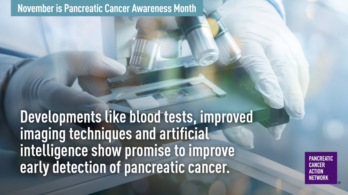 PanCAN's tweet photo. Early detection is critical for long-term survival of pancreatic cancer. So, how do we find pancreatic cancer earlier? For other types of cancer, standard screening tests like mammograms and colonoscopies have greatly increased survival. Unfortunately, there is still no standard test to find pancreatic cancer early in people at risk for the disease. 💜

PanCAN – and researchers around the globe – are working hard to change that reality and progress is being made! 🔬👏 Read more about the recent developments that are generating excitement for their potential to detect pancreatic cancer early and save lives at https://t.co/NVmolY8M6z